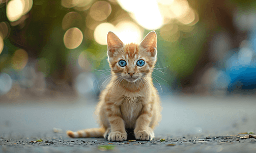 可爱的蓝眼睛红点猫坐在街上