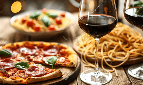 意大利葡萄酒摄影照片_木桌上的披萨和意大利面配葡萄酒