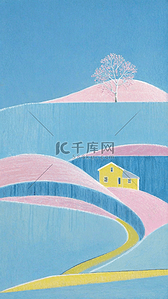 文艺清新蓝粉色夏日山坡上的房子背景图
