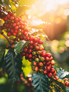 新鲜的咖啡摄影照片_种植园灌木上的咖啡豆
