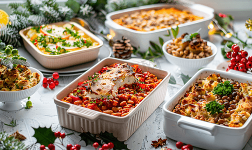 有机午餐摄影照片_圣诞晚餐配菜包括青豆砂锅和馅料