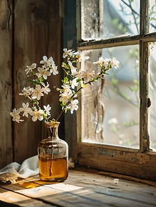玫玫茉莉摄影照片_乡村房屋窗边有一瓶盛开的茉莉花枝