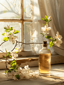 乡村房屋窗边有一瓶盛开的茉莉花枝