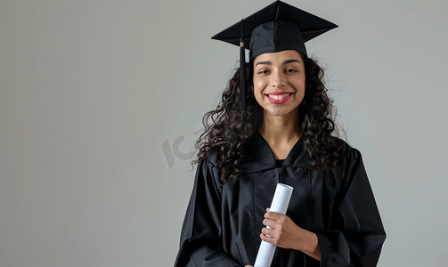 拿奖摄影照片_身着学位帽和长袍的混血毕业生拿着她的文凭