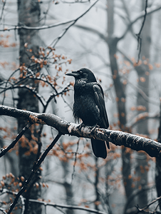 黑乌鸦坐在森林的树枝上