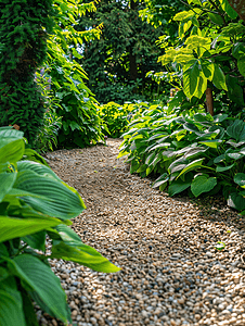 花园中的小路两侧铺有砾石种植着玉簪和杜松低矮植物