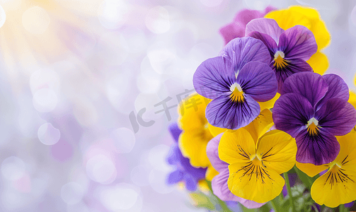 紫色底纹花边摄影照片_黄色和紫色的三色紫罗兰夏季盛开