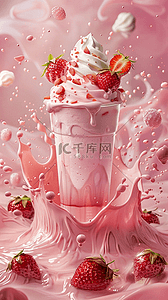 激背景图片_3D草莓冰淇淋清凉夏日粉红冷饮图片