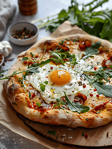 早餐披萨配烤鸡蛋和蔬菜