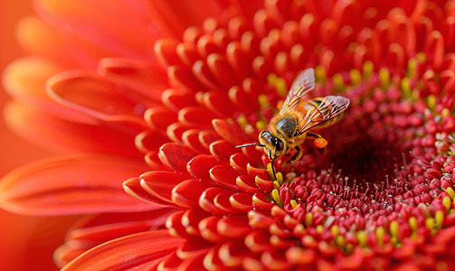 小蜜蜂从非洲菊花朵中采集花粉的特写镜头