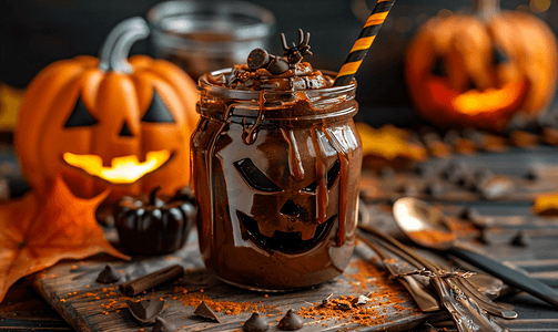 炉料罐装摄影照片_罐装巧克力布丁中的万圣节甜点
