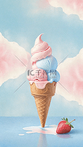 夏天冷饮3D草莓奶油冰淇淋球背景素材