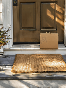 小包裹放在家门口的温馨之家迎宾垫上