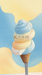 夏天冷饮蓝黄色奶油冰淇淋球背景