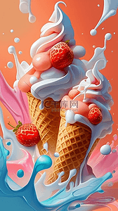 激背景图片_清凉夏日粉红冷饮3D草莓冰淇淋设计