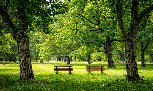 空地上的绿色橡树林和长凳