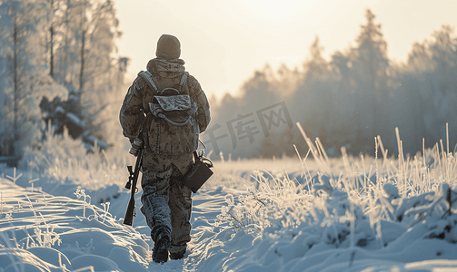 猎人在雪地里追踪动物