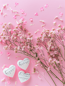 粉红色背景上纸心笔记和干花爱情音乐概念顶视图