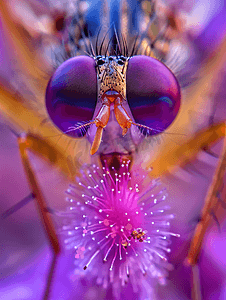 飞在带有花粉的紫色花朵上的微距照片昆虫细节