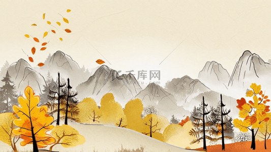 秋天的荷塘背景图片_水彩初秋颗粒质感枫树林山林背景
