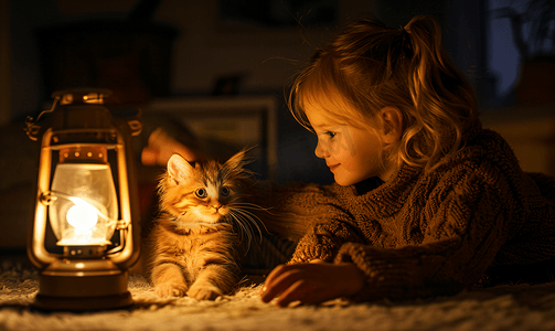 停电期间孩子们利用替代照明在家中与猫玩耍