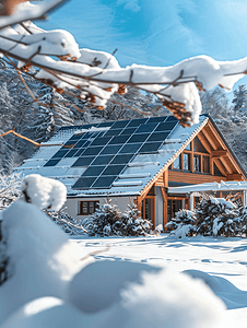 住宅屋顶被雪覆盖的太阳能电池板产生清洁能源