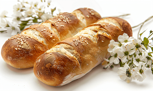 有机午餐摄影照片_白色背景上的孤立法棍面包新鲜面包
