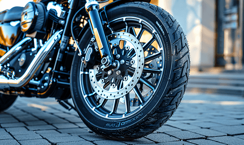 摩托车前轮制动钳上的制动盘和轮胎闪亮镀铬