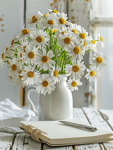 春天的白色雏菊花束配上干净的笔记本在白色的木桌上书写
