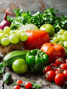 营养表成分表摄影照片_木柜台上的新鲜绿色水果和蔬菜