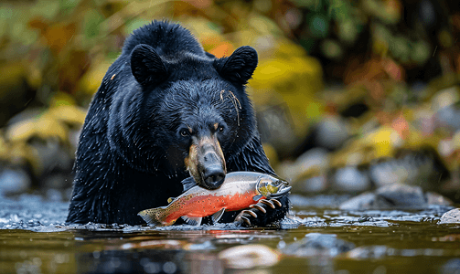 一只黑熊在河里吃鲑鱼时看着你