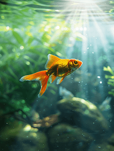 水族鱼摄影照片_淡水水族馆中的金鱼有绿色美丽的热带植物