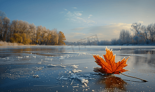 白天冰冻湖面上覆盖着冰晶的叶子的图像
