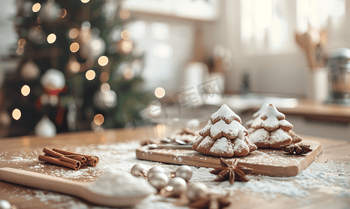 厨房烘焙工具摄影照片_厨房桌子背景是烘焙工具、肉桂和圣诞树