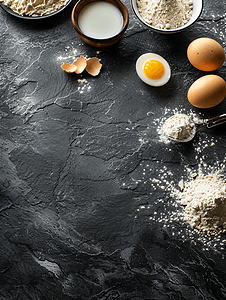 烘焙原料面粉鸡蛋牛奶烤盘在黑色石板背景上带复印空间