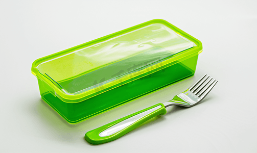 白色背景上带刀叉的绿色塑料食品容器