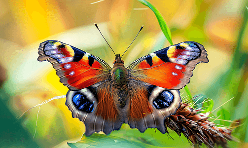孔雀三色堇蝴蝶在草叶上