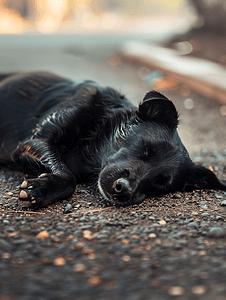黑色流浪狗狗睡在沥青上城里的动物