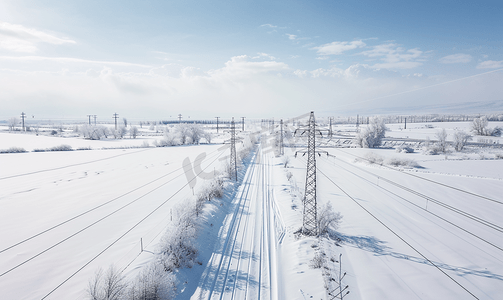 雪空中景观上的电力线