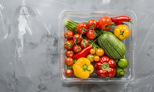 灰色混凝土背景上塑料盒中成熟健康丑陋的蔬菜
