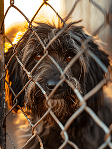 栅栏后面的毛茸茸的狗狗身上有很多毛
