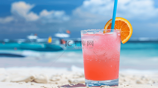 沙滩上的一杯冷饮果汁饮料背景图