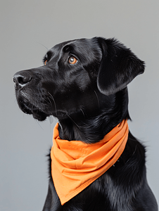 戴着橙色头巾的黑色拉布拉多猎犬一只小狗的轮廓
