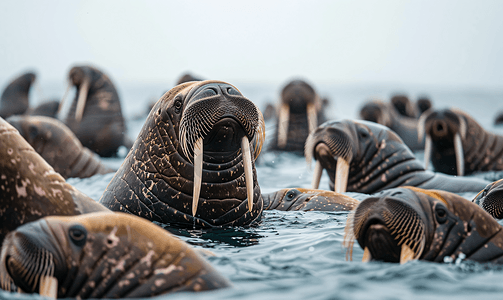 在北极斯瓦尔巴群岛游泳的海象群