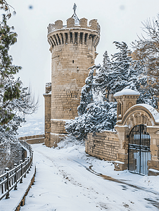 阿塞拜疆巴库处女塔在冬天的雪中