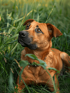 鲜红的大杂种狗拴在皮带上躺在浓密的草丛中抬头仰望