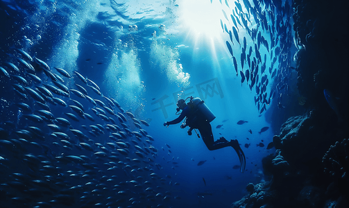 咸水杂鱼煲摄影照片_在珊瑚礁和蓝色的大海中潜入巨大的沙丁鱼群
