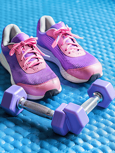 蓝色氯丁橡胶垫上的一对紫色哑铃运动手套和粉色运动鞋
