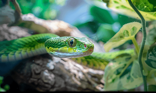 南非公共玻璃容器中的绿蛇