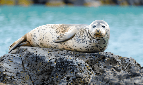 环斑海豹摄影照片_斑海豹在冰岛的岩石上放松